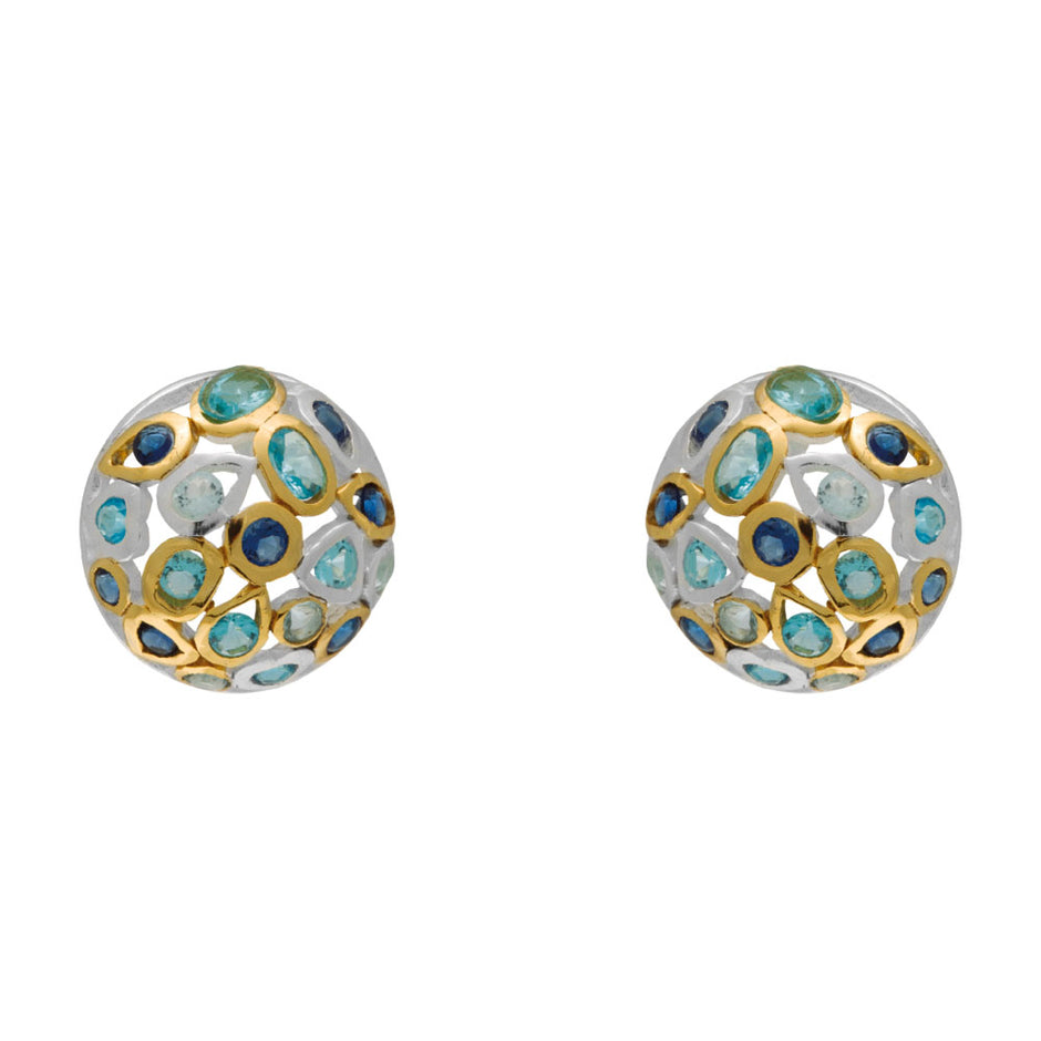“Sterling silver sphere earrings with triple blue topaz gemstones”