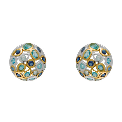 “Sterling silver sphere earrings with triple blue topaz gemstones”