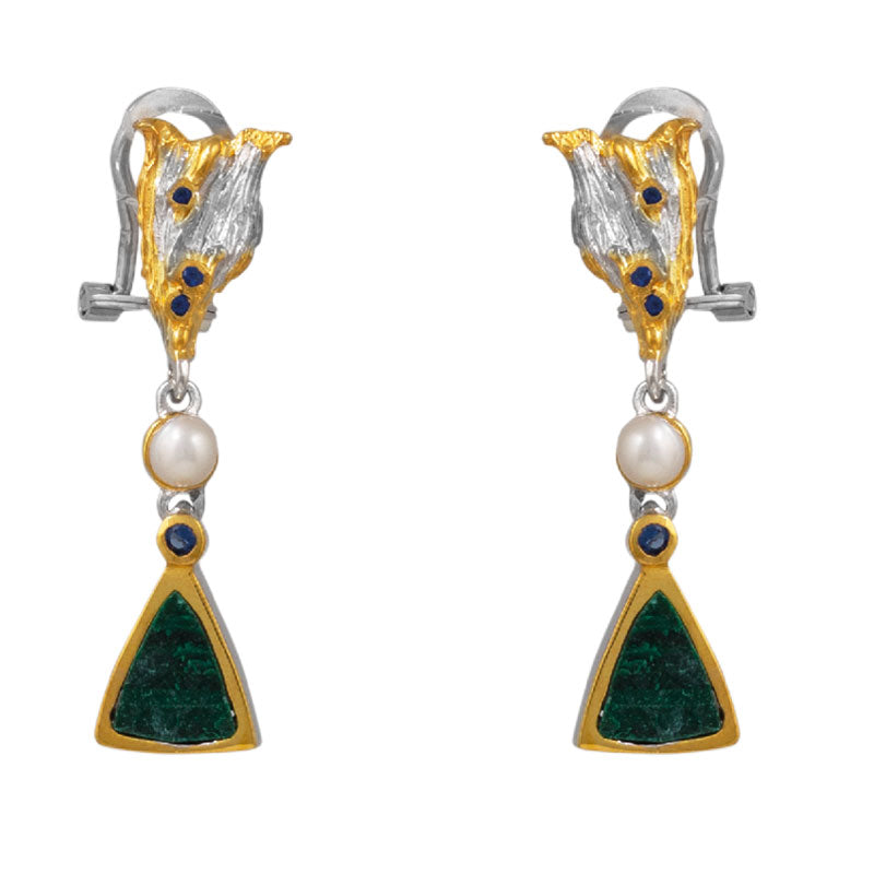Malachite, London Blue Topaz & Pearl Silver 925 Earrings with Gold Plating