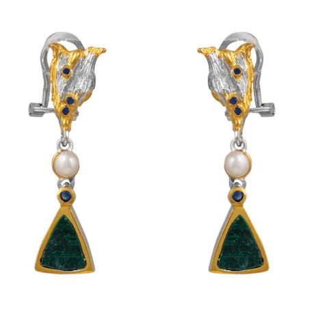 Malachite, London Blue Topaz & Pearl Silver 925 Earrings with Gold Plating