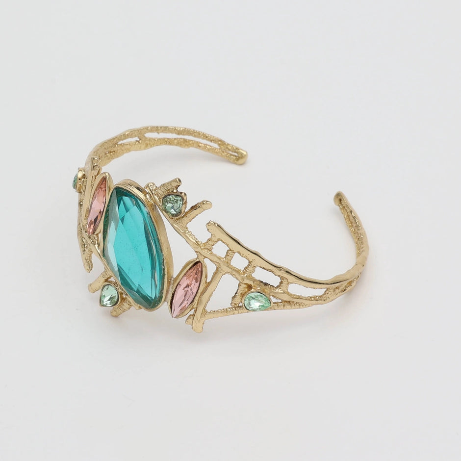 Sculptural Bronze Cuff Bracelet with Aqua & Violet Resin