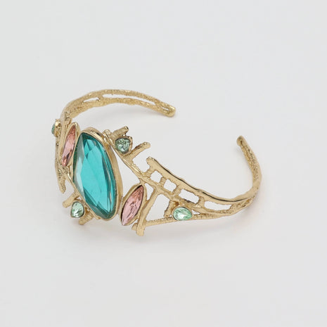 Sculptural Bronze Cuff Bracelet with Aqua & Violet Resin