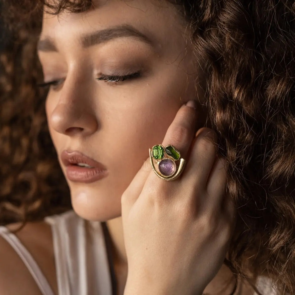 Bronze Sculptural Ring with Trio of Crystals