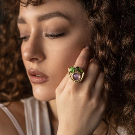 Bronze Sculptural Ring with Trio of Crystals