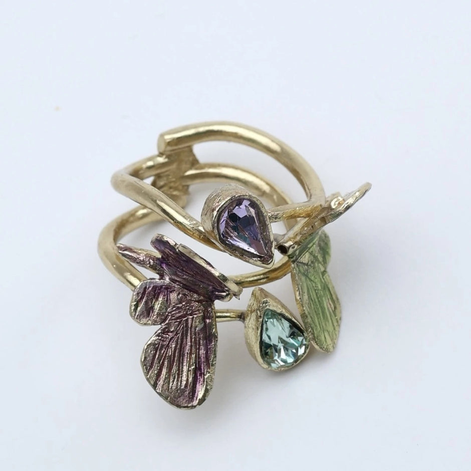 Bronze Butterfly Ring with Enamel and Crystal Accents