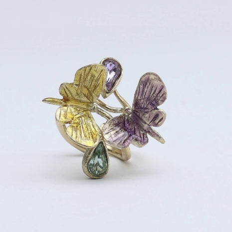 Bronze Butterfly Ring with Enamel and Crystal Accents