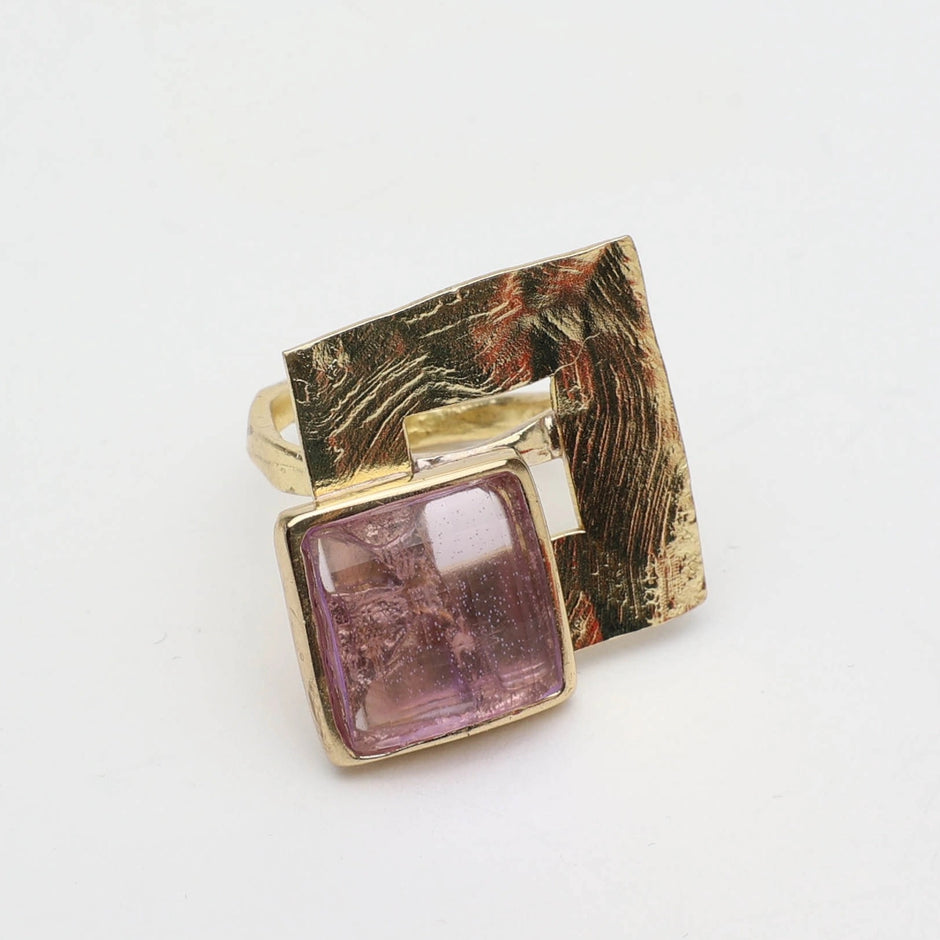Mist Bronze Ring with Textured Plate and Resin Gem – Violet or Green