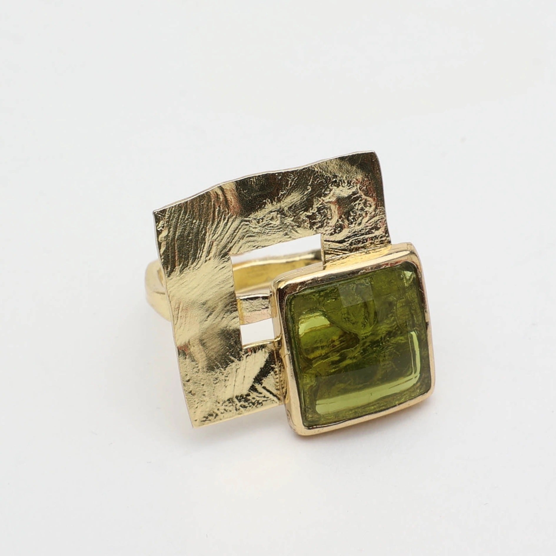 Mist Bronze Ring with Textured Plate and Resin Gem – Violet or Green