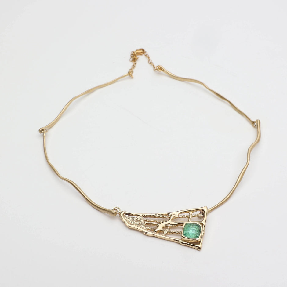 Asymmetric Bronze Necklace with Aqua Resin Accent
