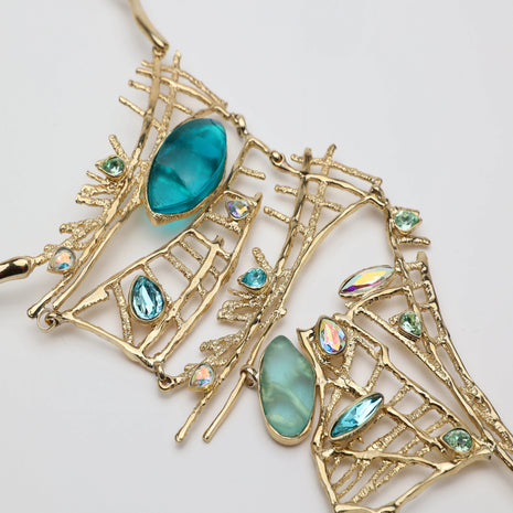Showstopper Sculptural Branch Necklace with Aqua Resin
