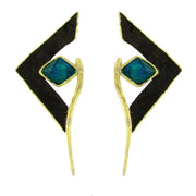 Geometric Bronze Earrings with Resin & Oxidized Detail – Black or Green