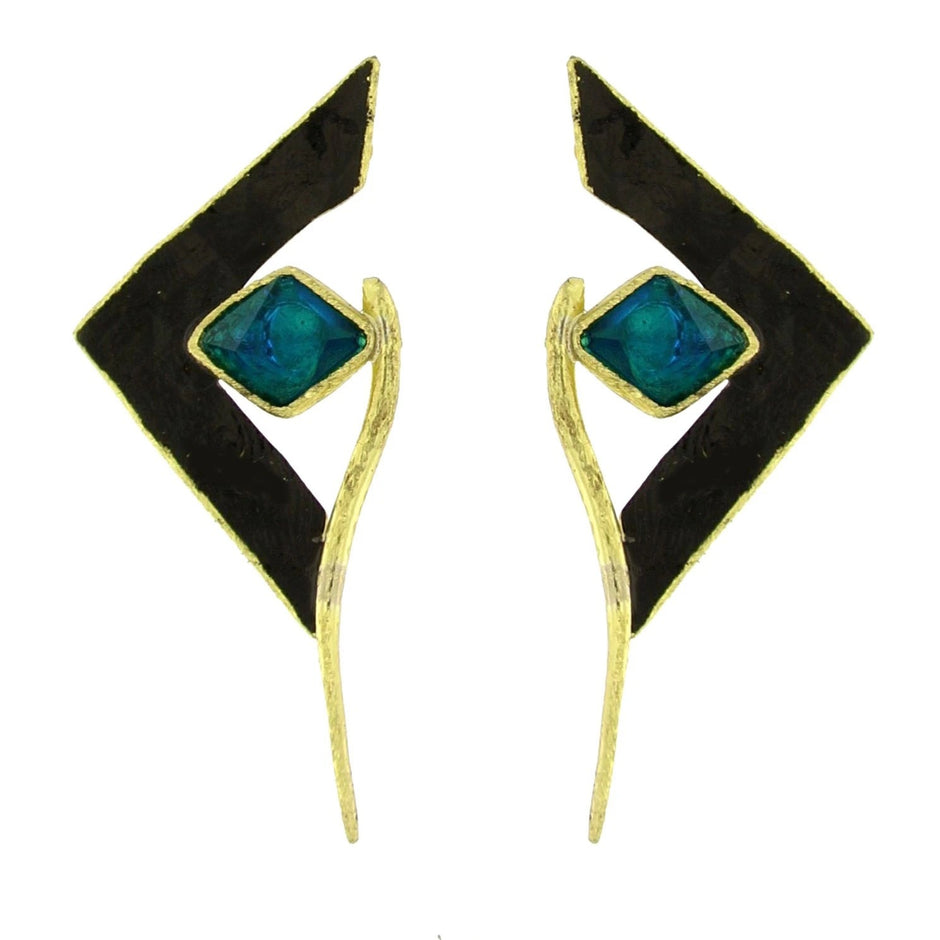 Geometric Bronze Earrings with Resin & Oxidized Detail – Black or Green