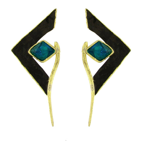 Geometric Bronze Earrings with Resin & Oxidized Detail – Black or Green