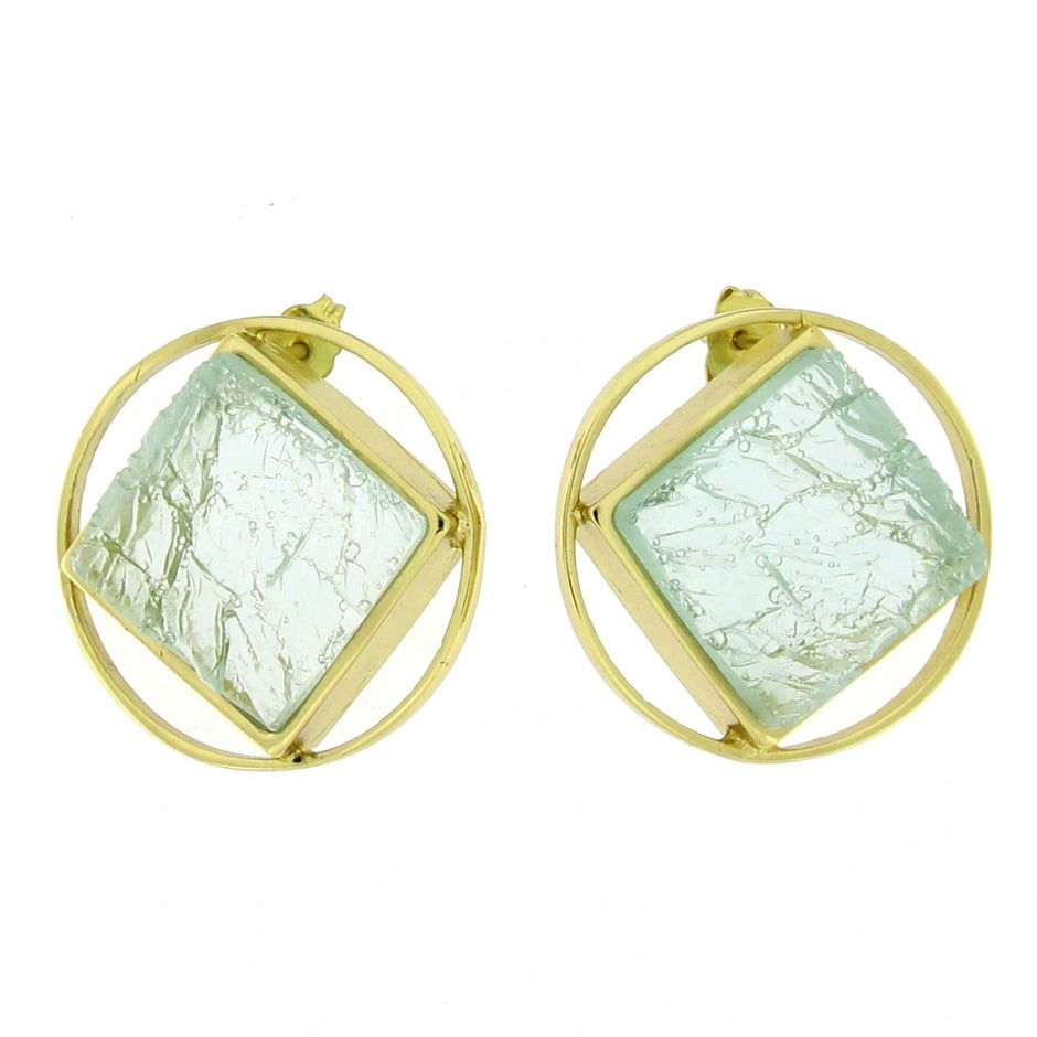 Geometric bronze stud earrings with aqua resin detail, handmade in Greece
