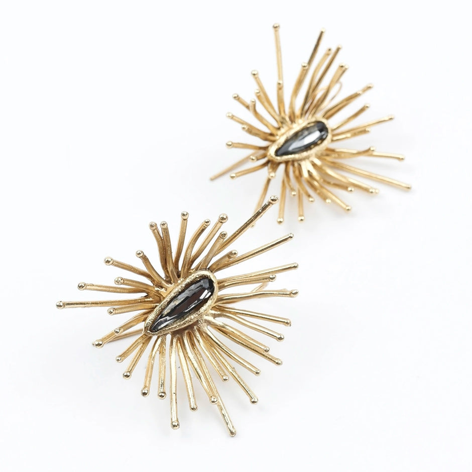 Leon Burst Sculptural Bronze Earrings with Black Crystal