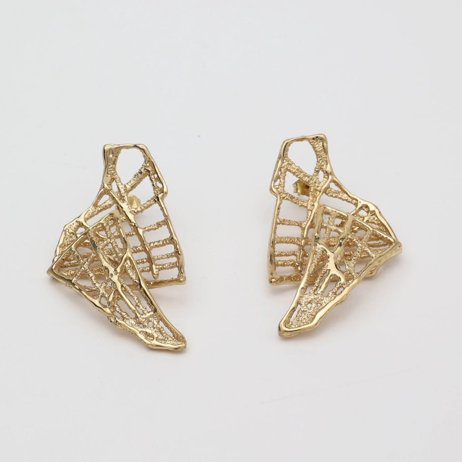 Bronze Sculptural Stud Earrings with Green Oxidation