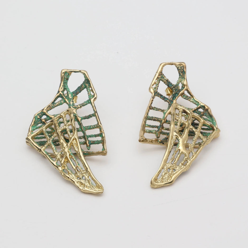 Bronze Sculptural Stud Earrings with Green Oxidation