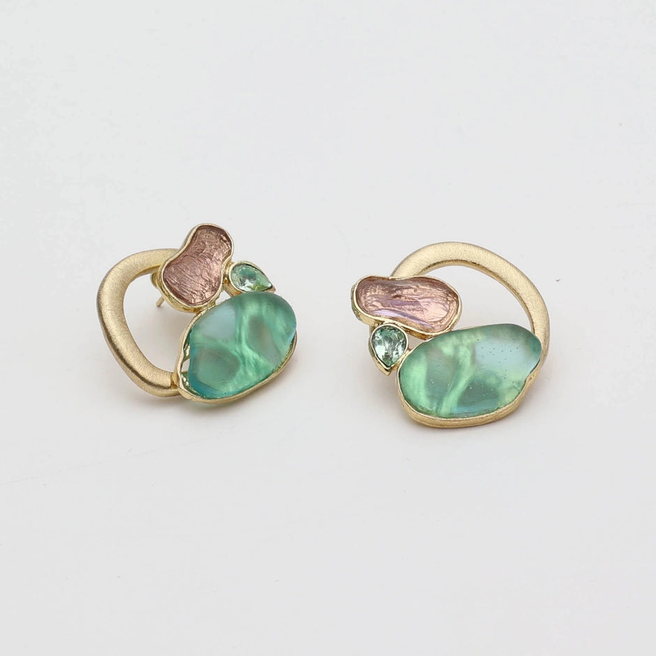 Bronze Stud Earrings with Aqua & Violet Resin