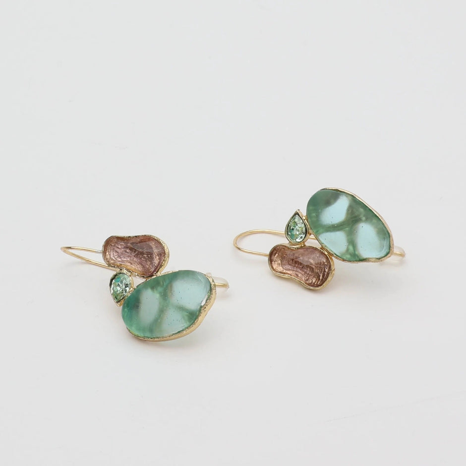 Mystic Tide Long Earrings – Bronze with Aqua, Blue & Violet Resin
