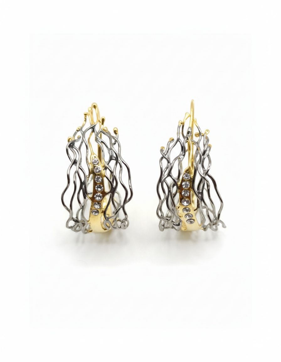 Pair of silver and gold earrings on a white background