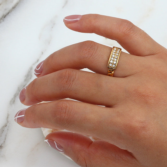 Gold-Plated Stainless Steel Chain Ring with Rectangular Zircon