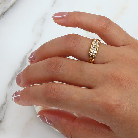 Gold-Plated Stainless Steel Chain Ring with Rectangular Zircon