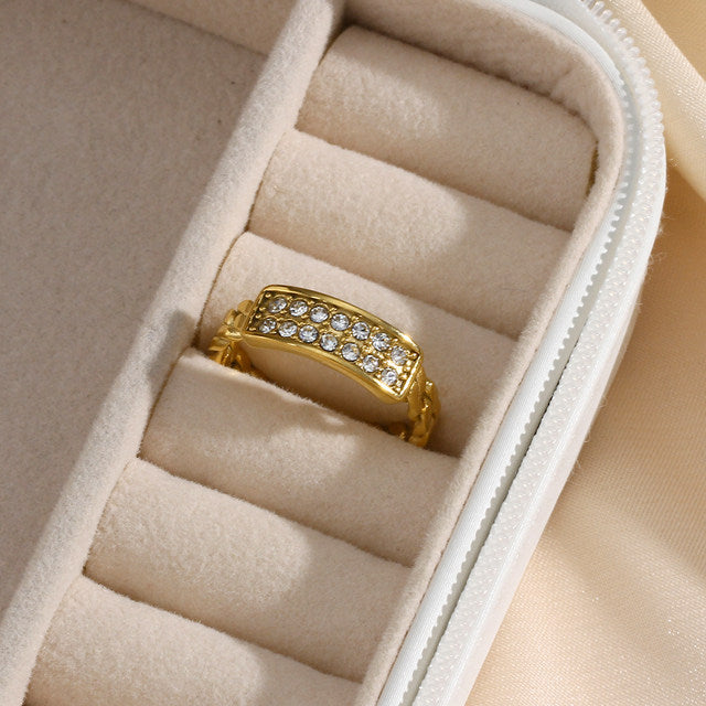 Gold-Plated Stainless Steel Chain Ring with Rectangular Zircon