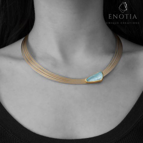 Sterling Silver Necklace with Green Amethyst and 18K Gold Details