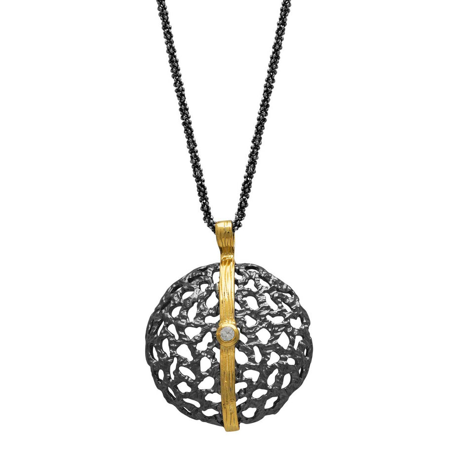 Sterling Silver Pendant Necklace with Black Rhodium, Gold Accent and Zircon