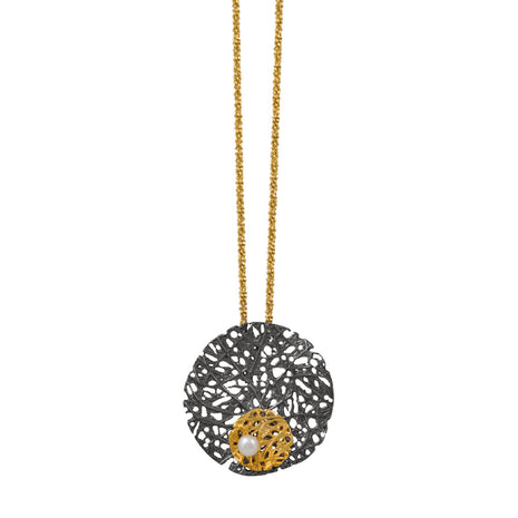 Sterling Silver Necklace with Black and Gold Plating and Pearl