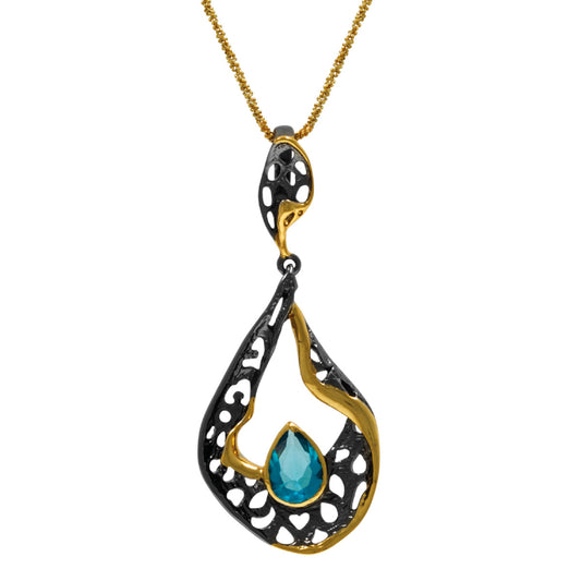 Handmade Silver Necklace With Back And Gold Plating And Semi-Precious Stones (Zircon)