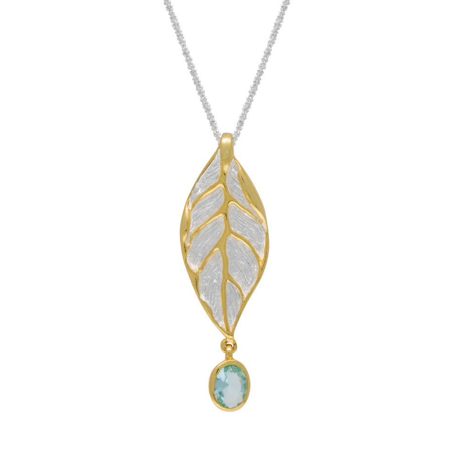Sterling Silver Leaf Necklace with Swiss Blue Topaz