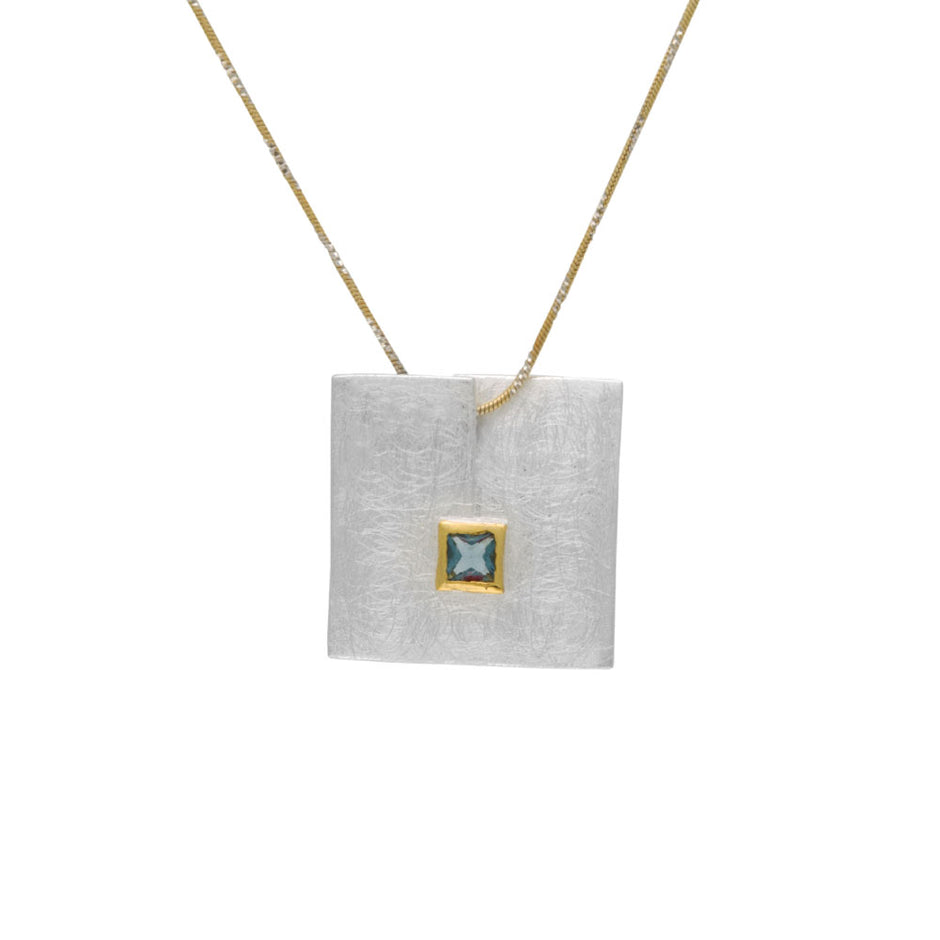 Swiss Blue Topaz Sterling Silver Square Pendant Necklace — Silver & Gold Plated