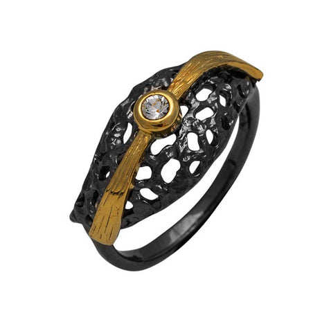Sterling Silver Ring with Black and Gold Plating and Zircon