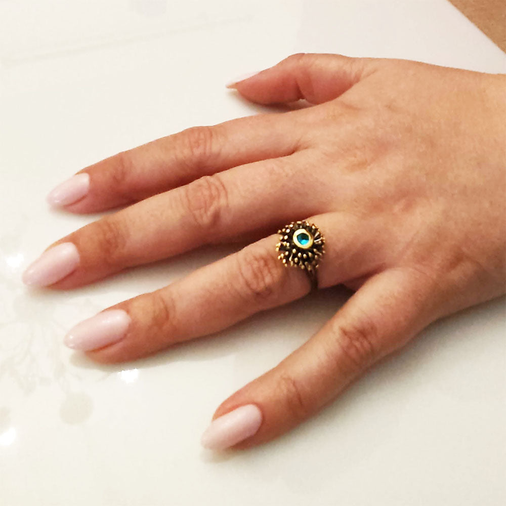 Handmade 925 Sterling Silver Ring with Black and Gold Plating and Swiss Blue Topaz