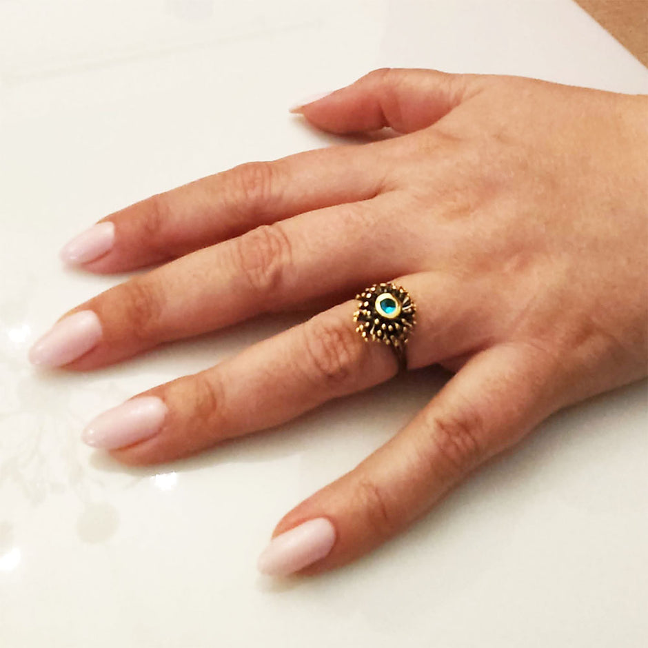 Sterling Silver Ring with Black and Gold Plating and Swiss Blue Topaz