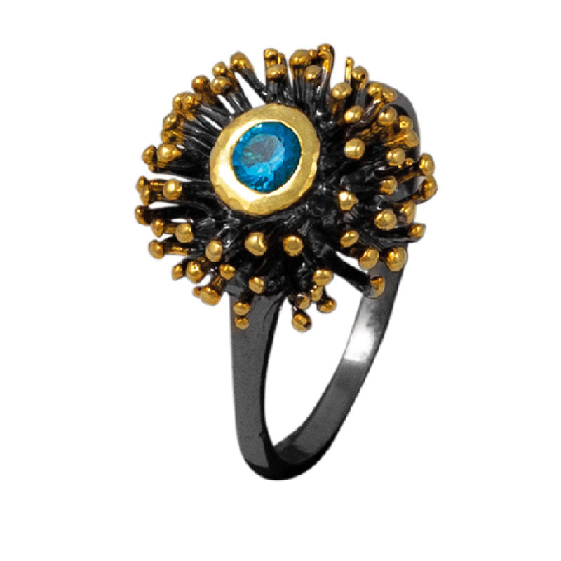 Handmade 925 Sterling Silver Ring with Black and Gold Plating and Swiss Blue Topaz
