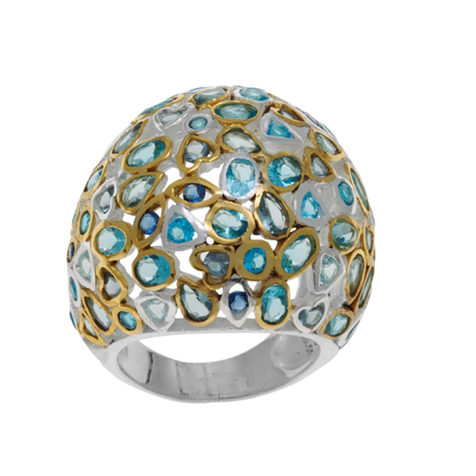Multi Blue Topaz Silver 925 Ring with Gold Plating