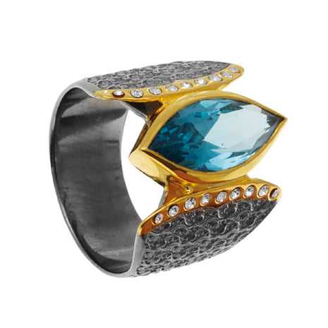 “Black rhodium silver ring with Swiss blue topaz and zircons – ENOTIA”