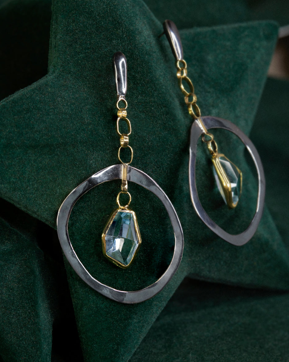 Sculptural Silver and Gold-Toned Earrings with Aquamarine