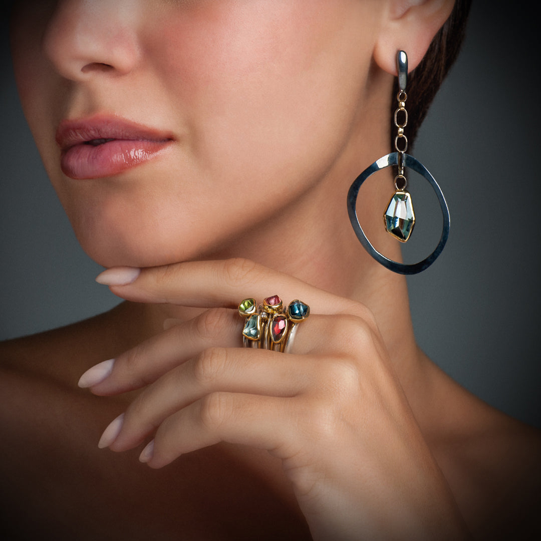 Sculptural Gold & Silver Earrings with Aquamarine Gemstone