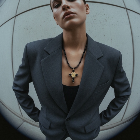 Person wearing a dark suit and necklace against a neutral background