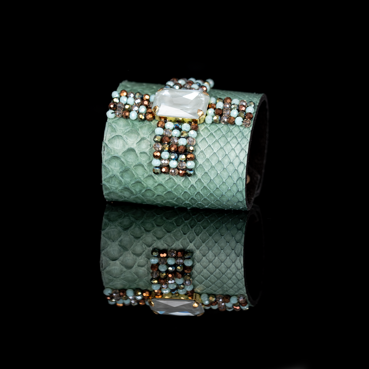 Mint Python Radiance Crystal Leather Cuff