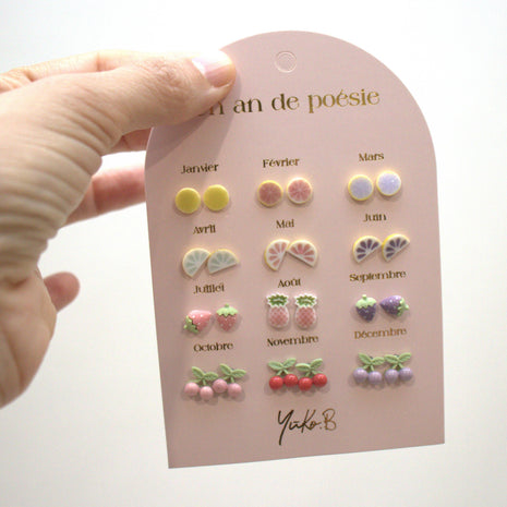 Yuko-B Kids Ceramic Stud Earrings Set – Fruit Motifs (12 Pairs)
