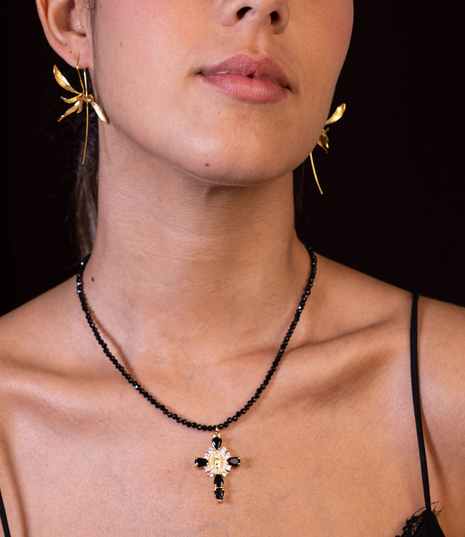 Faceted Black Tourmaline Choker | 18K Gold-Plated Zirconia Cross