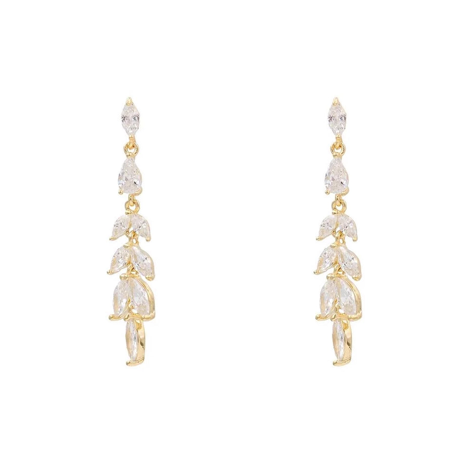 AV 925 silver leaf drop earrings with yellow plating and white zirconia, 3 cm