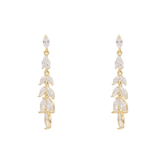 AV 925 silver leaf drop earrings with yellow plating and white zirconia, 3 cm