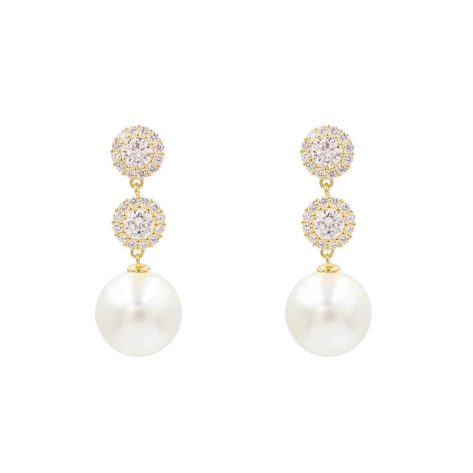 AV gold-plated 925 sterling silver double halo zirconia earrings with round pearl drops, 4 cm