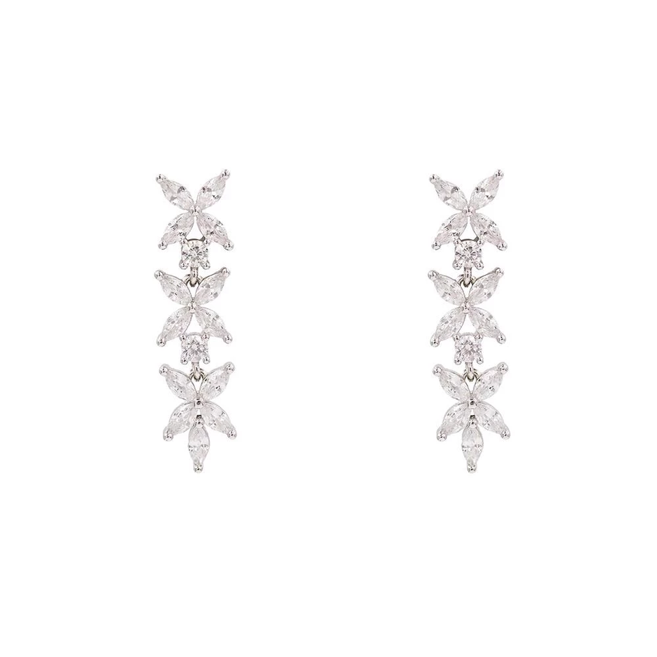 AV floral drop earrings with three linked flower motifs and white zirconia in 925 sterling silver