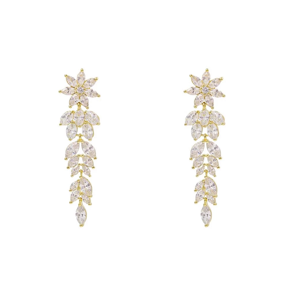 AV yellow-plated 925 sterling silver floral and leaf drop earrings with zirconia, 6 cm